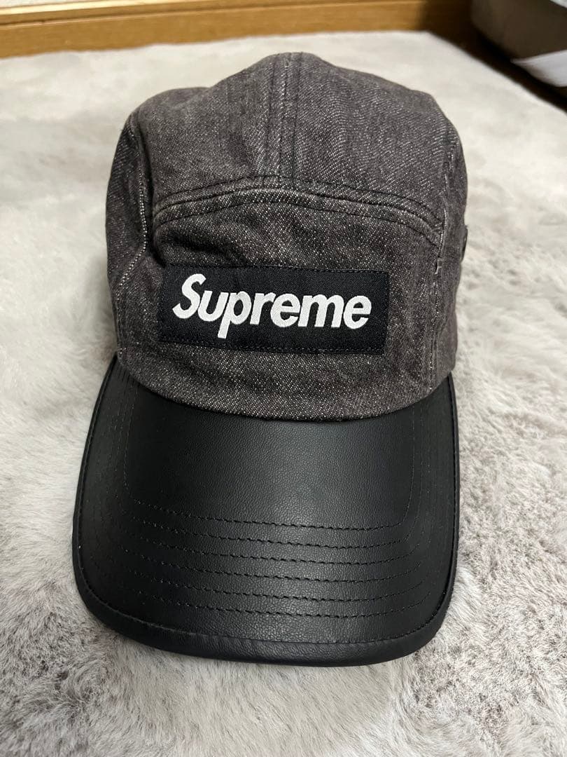 【美品】supreme ブラックデニムレザーキャップ