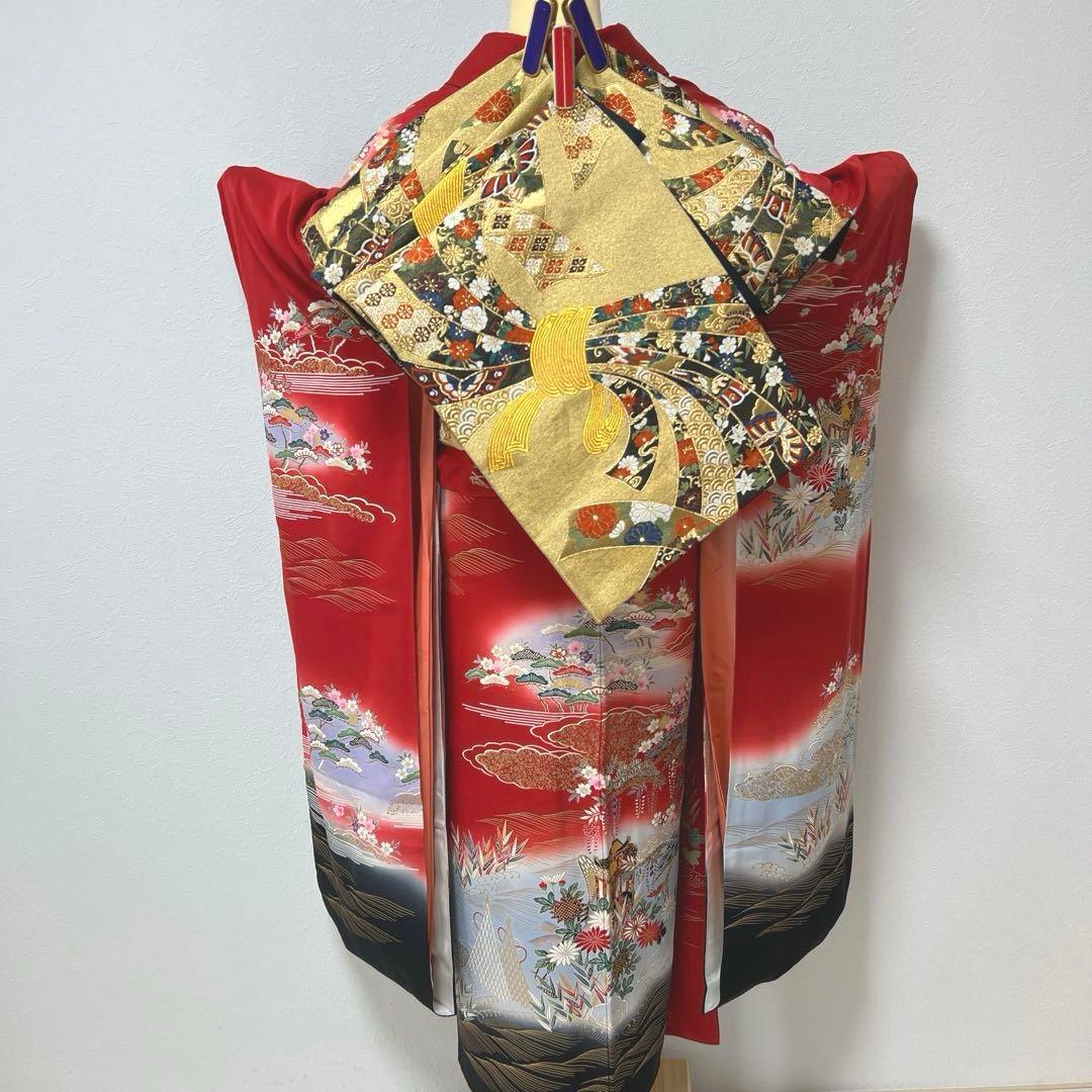 367 振袖フルセット 正絹 赤 レッド 黒 金彩 暈し染め 古典 風景 正統派