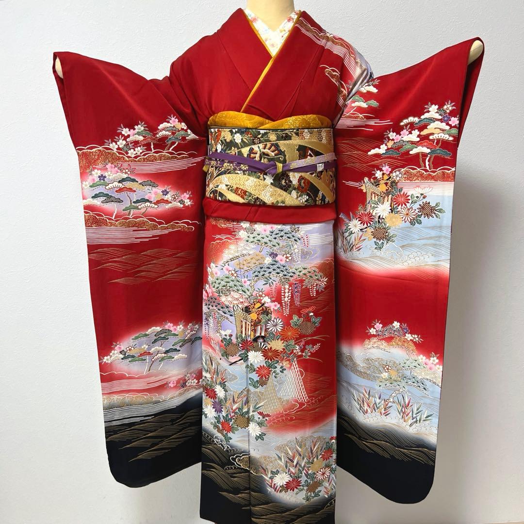 367 振袖フルセット 正絹 赤 レッド 黒 金彩 暈し染め 古典 風景 正統派