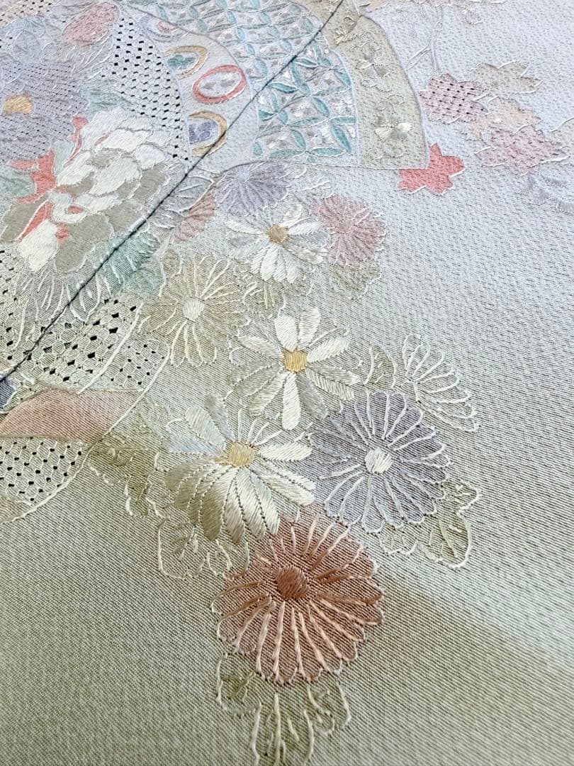 高級 訪問着 正絹 袷 汕頭刺繍 スワトウ 中国刺繍 グリーン 暈し染め