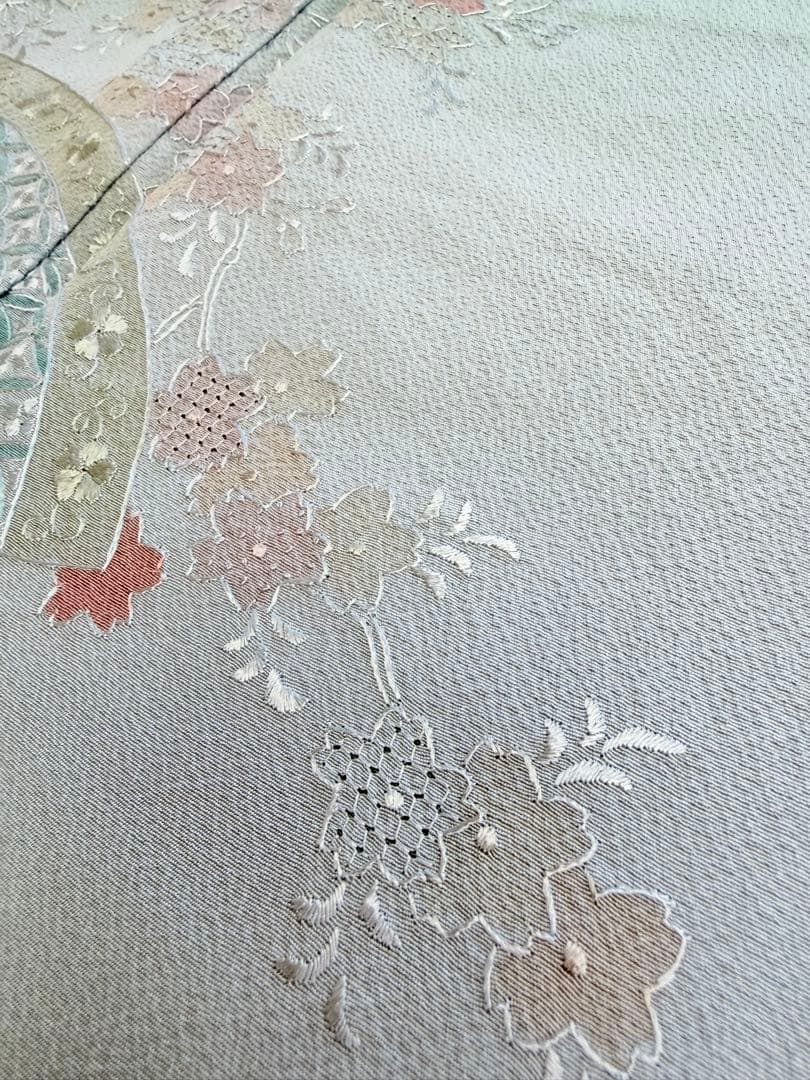 高級 訪問着 正絹 袷 汕頭刺繍 スワトウ 中国刺繍 グリーン 暈し染め