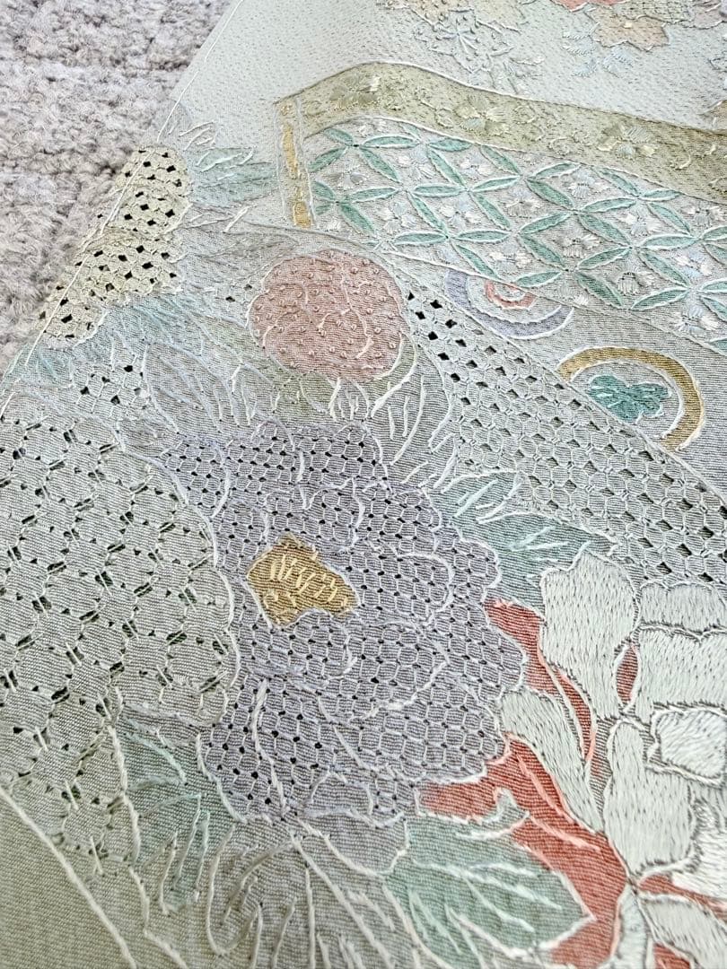 高級 訪問着 正絹 袷 汕頭刺繍 スワトウ 中国刺繍 グリーン 暈し染め