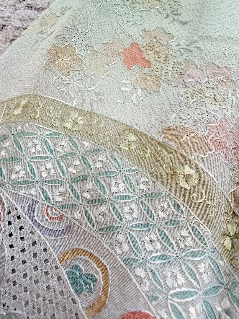 高級 訪問着 正絹 袷 汕頭刺繍 スワトウ 中国刺繍 グリーン 暈し染め