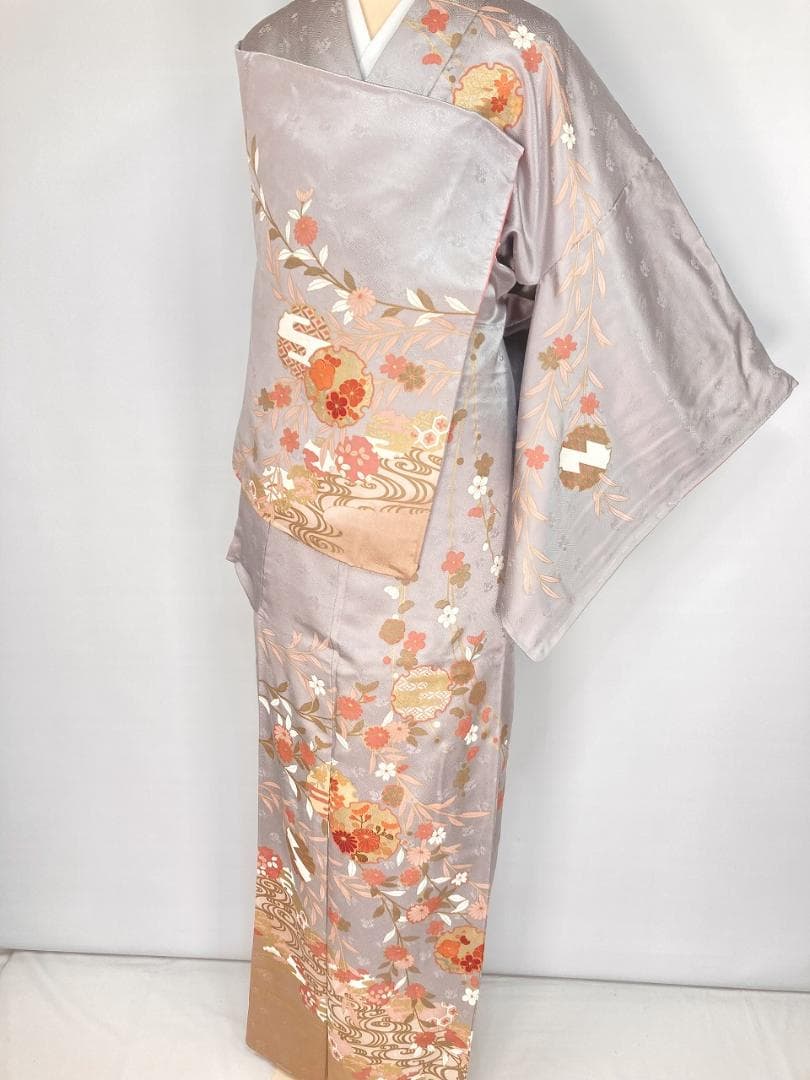 未使用 京友禅 雪輪 花柄 訪問着 袷 金彩 紫 オレンジ ベージュ 1391