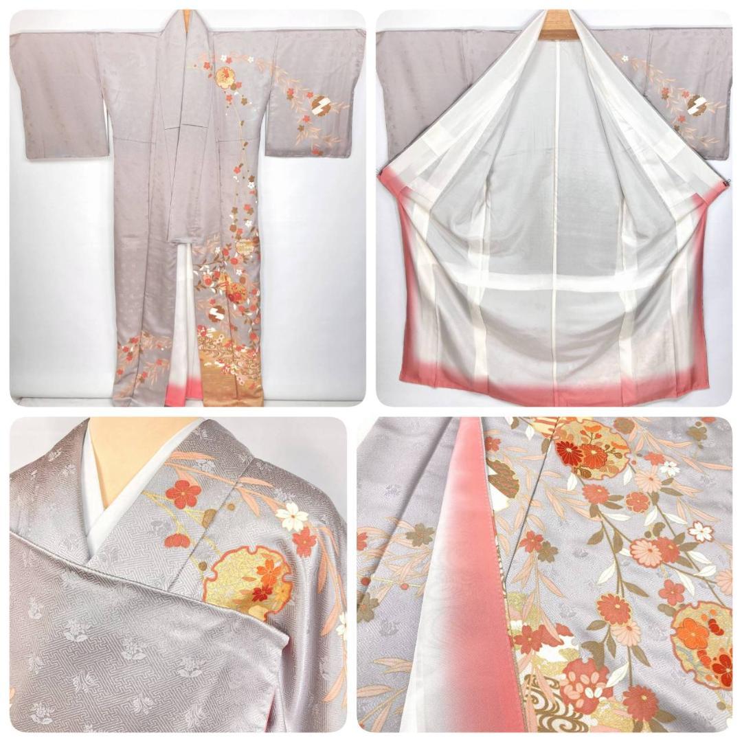 未使用 京友禅 雪輪 花柄 訪問着 袷 金彩 紫 オレンジ ベージュ 1391