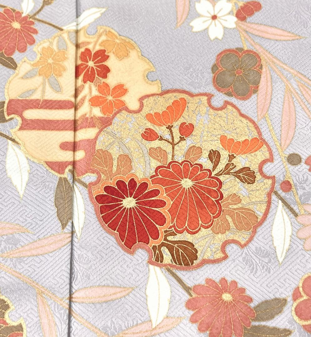 未使用 京友禅 雪輪 花柄 訪問着 袷 金彩 紫 オレンジ ベージュ 1391