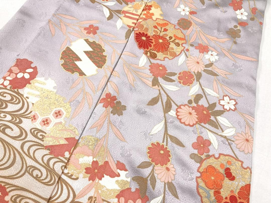 未使用 京友禅 雪輪 花柄 訪問着 袷 金彩 紫 オレンジ ベージュ 1391