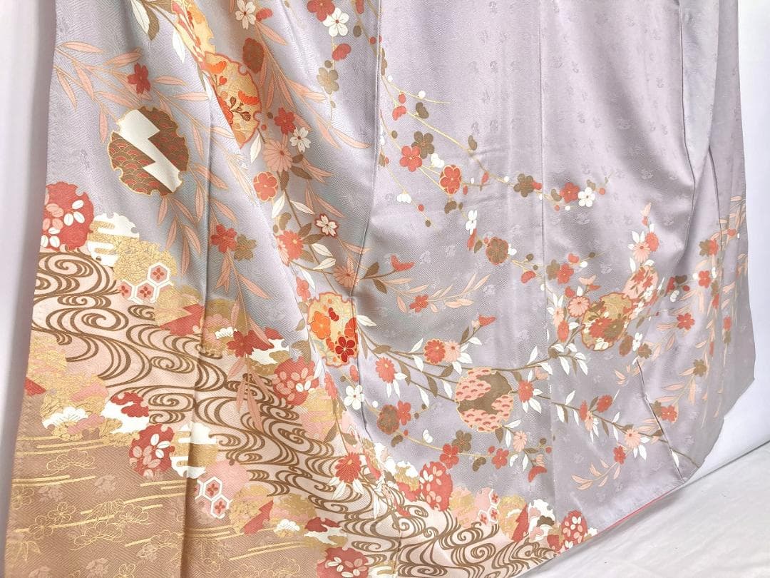 未使用 京友禅 雪輪 花柄 訪問着 袷 金彩 紫 オレンジ ベージュ 1391