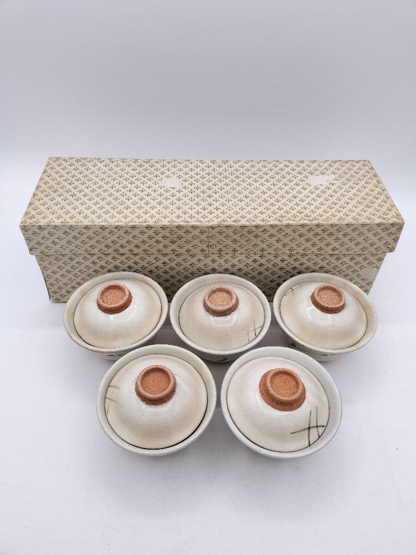 c787 煎茶　啜り茶碗 粉引 5客 紙箱 茶道具 古物　すすり