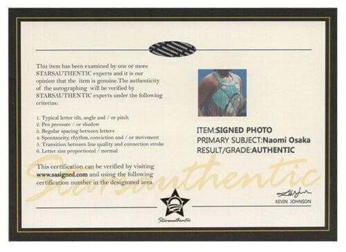 直筆サイン入り写真 大坂なおみ WTA /フレームなし/SA鑑定済