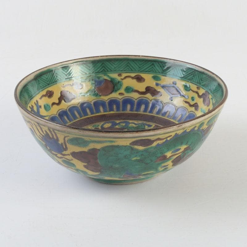 九谷焼　青手九谷　神獣雲龍文　鉢　角福銘　V　9548