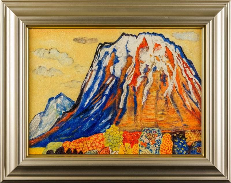 片岡球子　油彩に岩粉　肉筆『羊蹄山の秋』表と裏サイン(印譜)　P8　額　b406