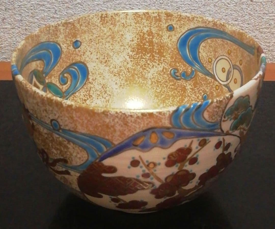 西村利峰作　京焼　金砂子　貝合絵　流水　茶碗　共箱　茶道具