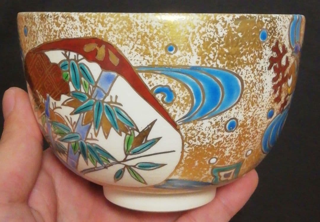 西村利峰作　京焼　金砂子　貝合絵　流水　茶碗　共箱　茶道具