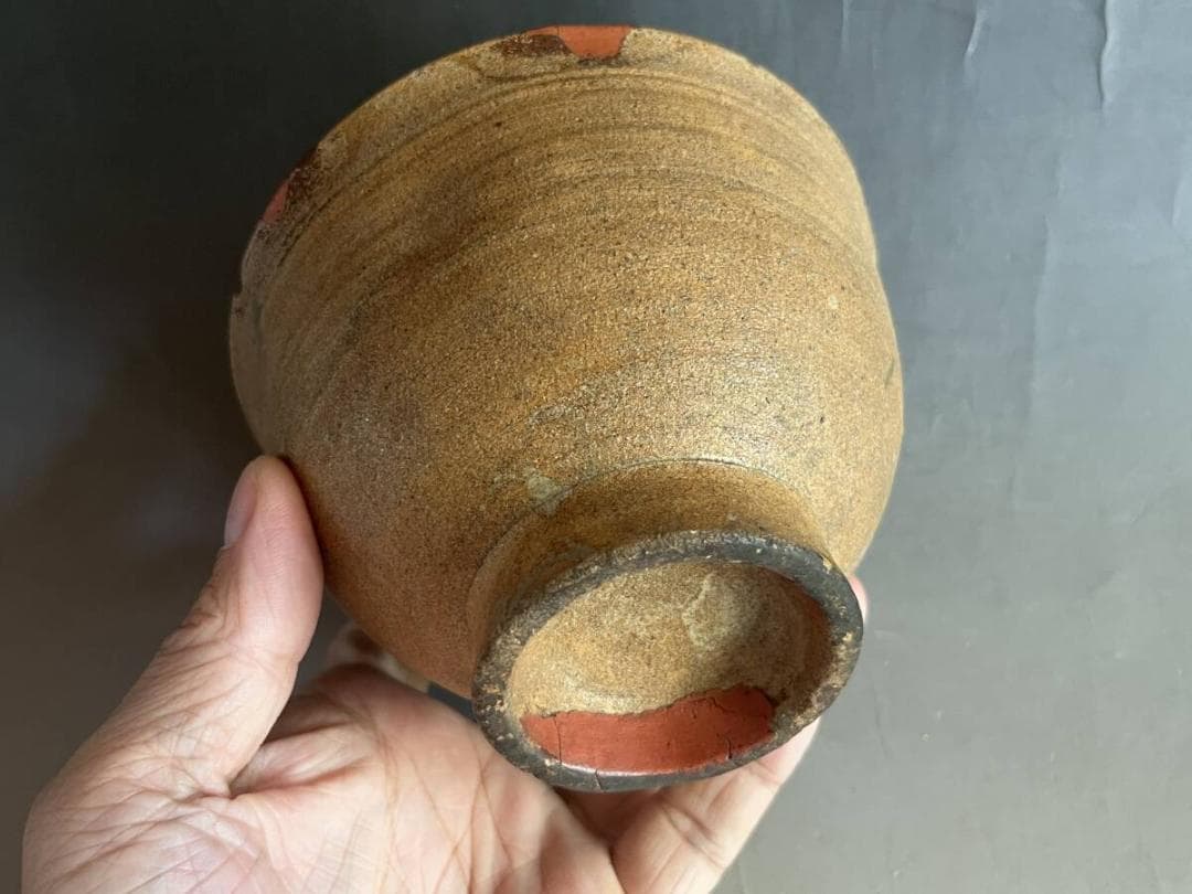 茶碗■時代物 古い土物碗 漆直し有り 堅碗 素焼き 笑窪 仕覆 古玩 骨董品■
