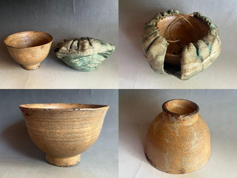 茶碗■時代物 古い土物碗 漆直し有り 堅碗 素焼き 笑窪 仕覆 古玩 骨董品■
