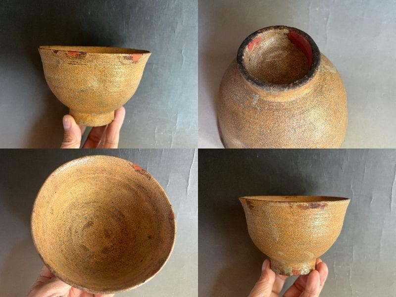 茶碗■時代物 古い土物碗 漆直し有り 堅碗 素焼き 笑窪 仕覆 古玩 骨董品■