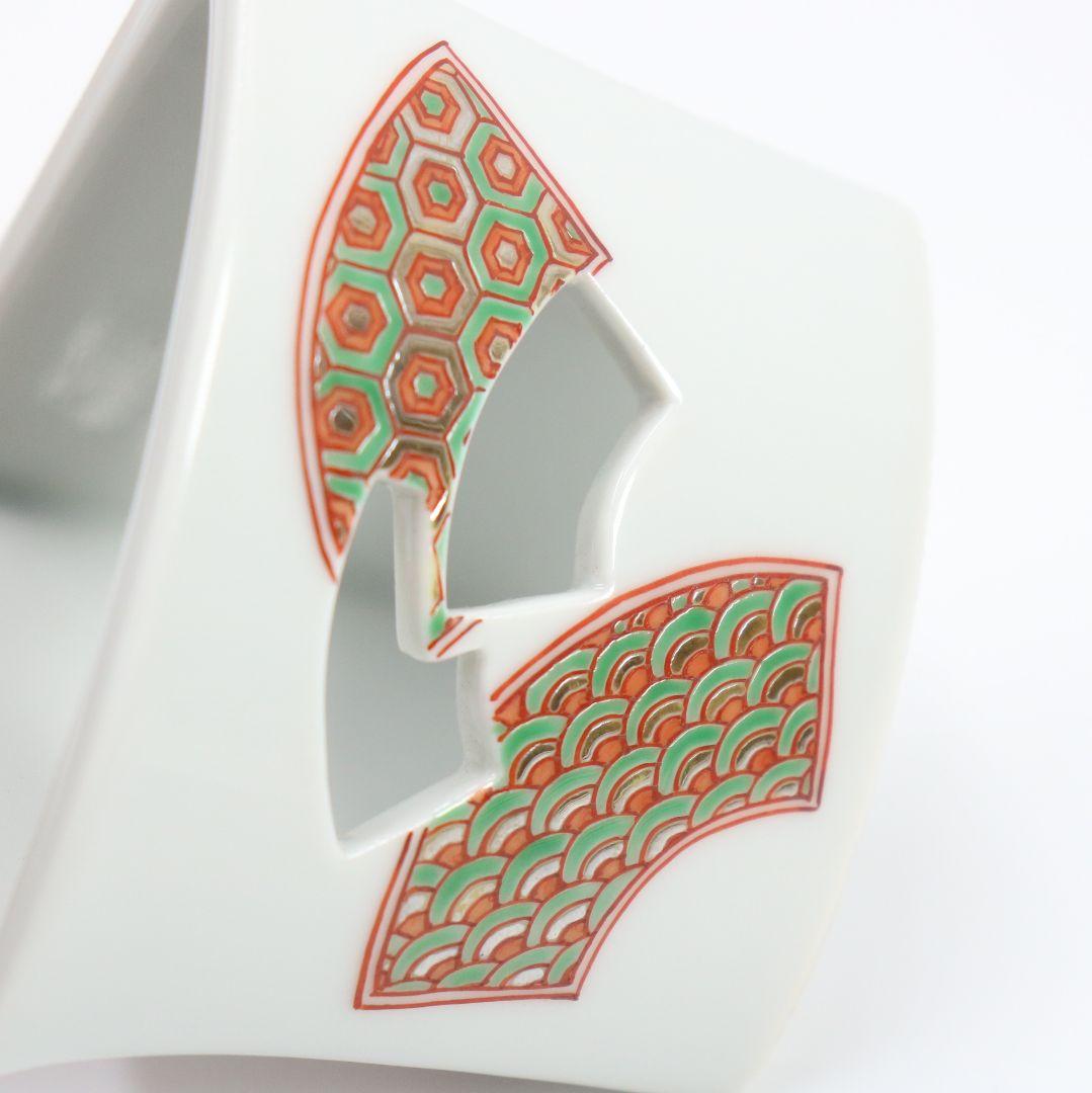 五世 三浦竹泉作 色絵開扇蓋置 共箱 茶道具　V95　1F28