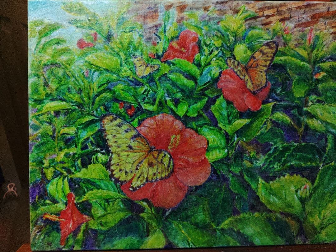 ハイビスカスと蝶々、油彩画