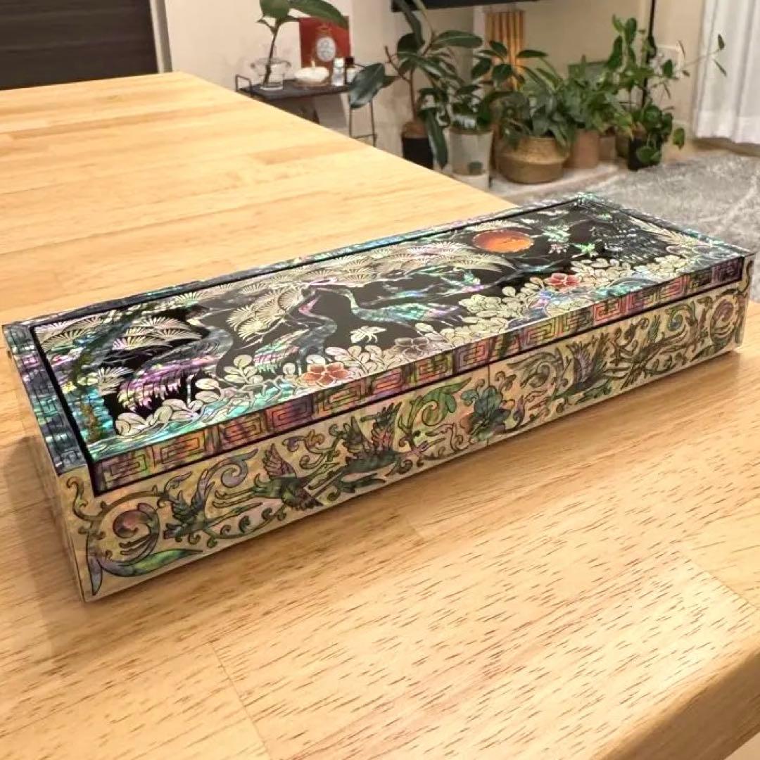 【芸術品★新品未使用】螺鈿細工 韓国螺鈿 鶴柄 長箱 筆箱 ペンケース