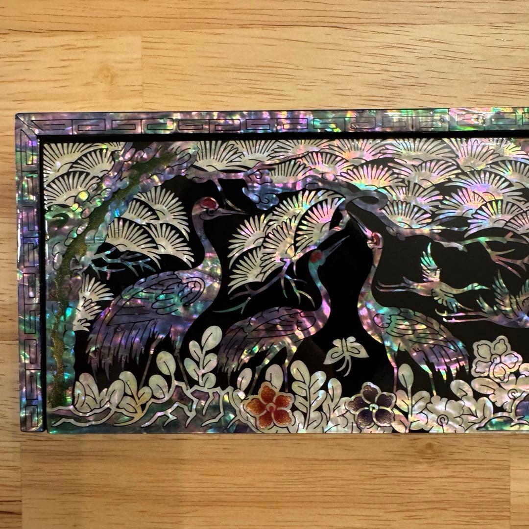 【芸術品★新品未使用】螺鈿細工 韓国螺鈿 鶴柄 長箱 筆箱 ペンケース