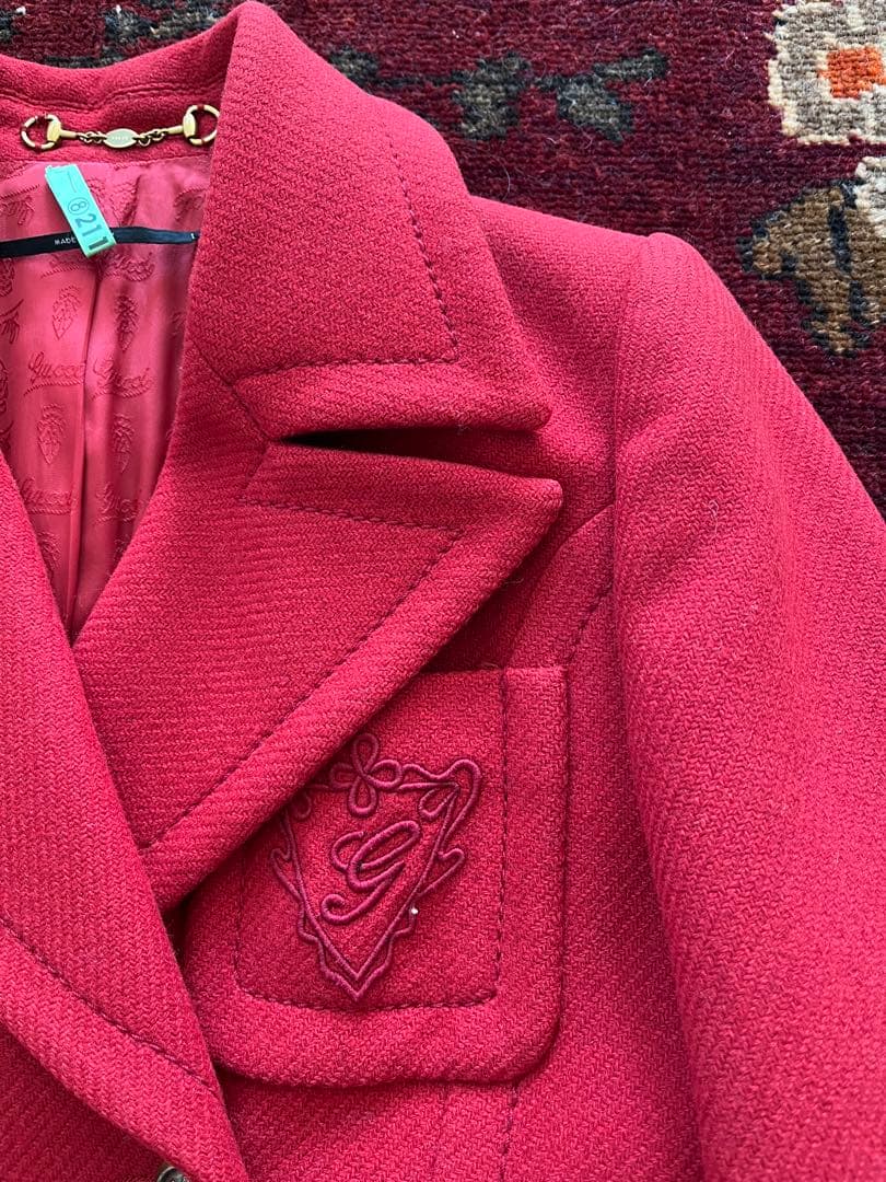 GUCCI 上質ウール　チェスターコート　ピーコート　38 赤　刺繍