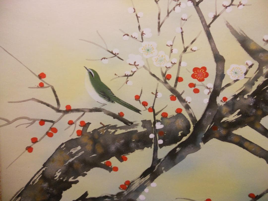 掛け軸 圭泉 梅に鶯 絹本 希少 軸装 茶道具 掛軸 美品 です。