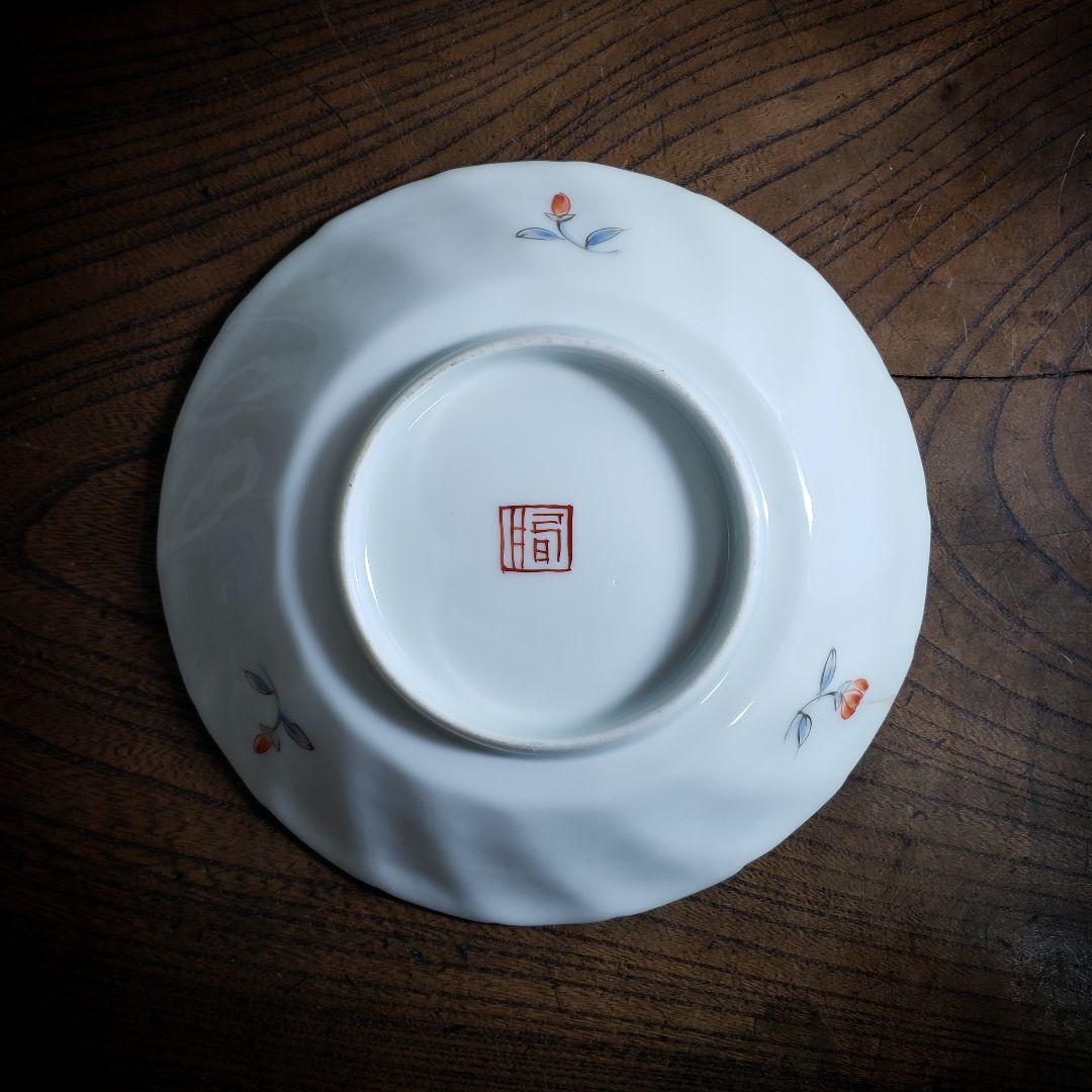 色絵付　皿　鳳凰　ねじり花弁縁　古伊万里　花文　唐草　銘　窯傷　ロ号