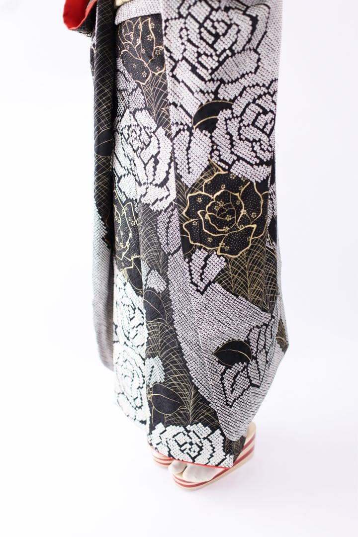 阪急百貨店　振袖　総絞り　薔薇　黒　フルセット　正絹