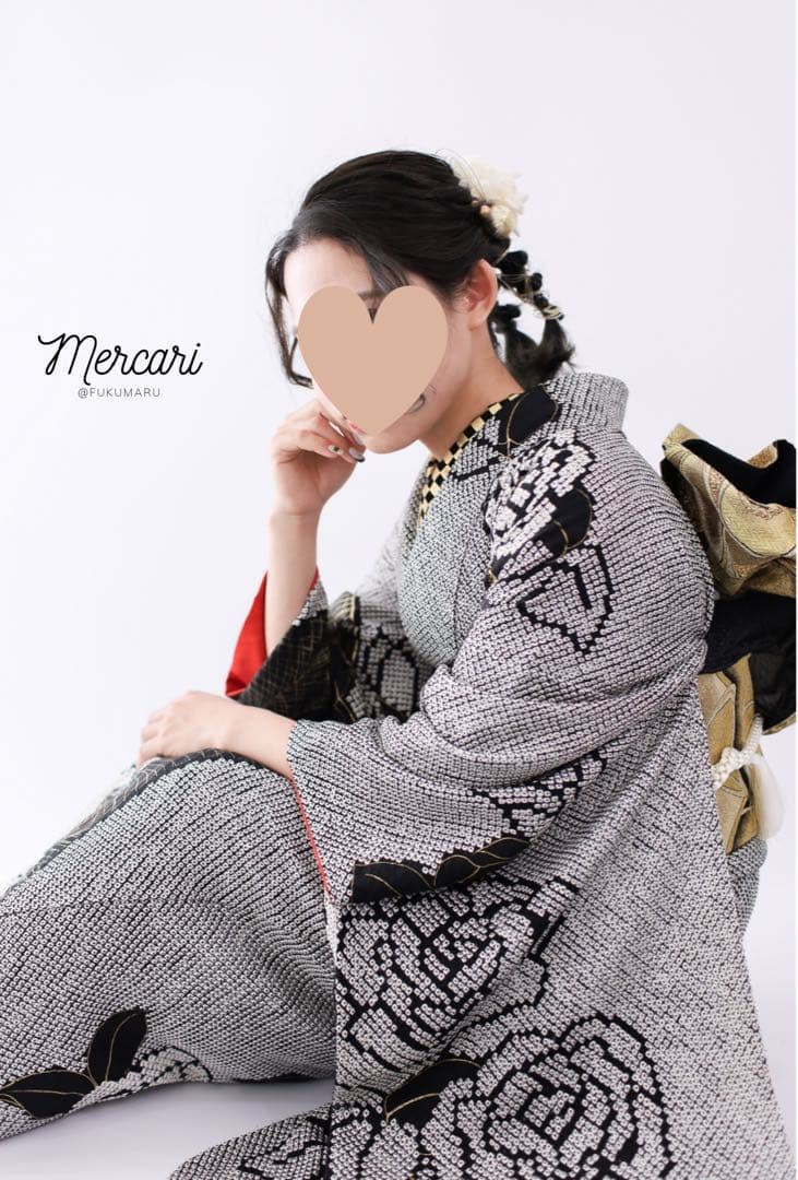 阪急百貨店　振袖　総絞り　薔薇　黒　フルセット　正絹