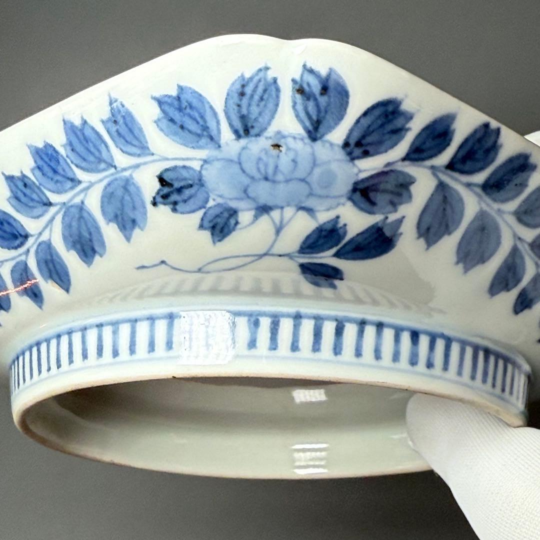 後期鍋島　江戸後期　染付楼閣山水図四方皿　共箱　緻密な絵付け　古美術　蒐集家旧蔵