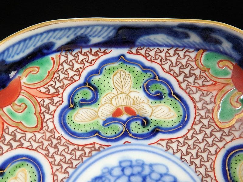 大聖寺伊万里 　毘沙門亀甲紋に松竹梅の図 縁高角皿　5枚　C775AS-BUj