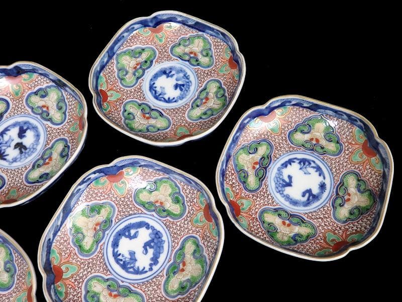 大聖寺伊万里 　毘沙門亀甲紋に松竹梅の図 縁高角皿　5枚　C775AS-BUj