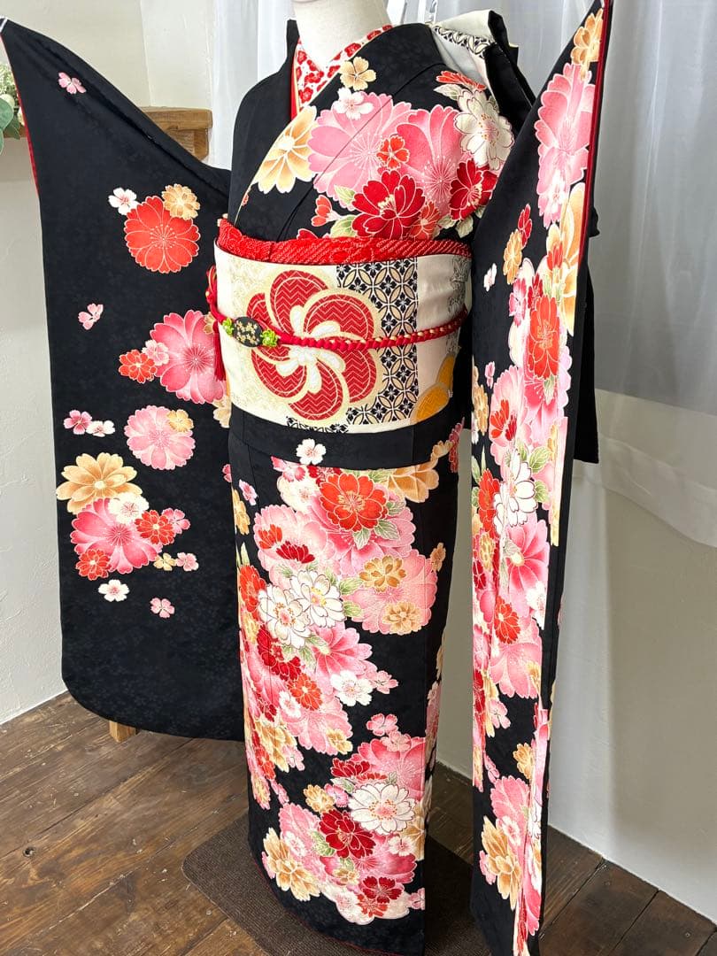 成人式　振袖フルセット　1131　正絹振袖　黒　花柄　格安！
