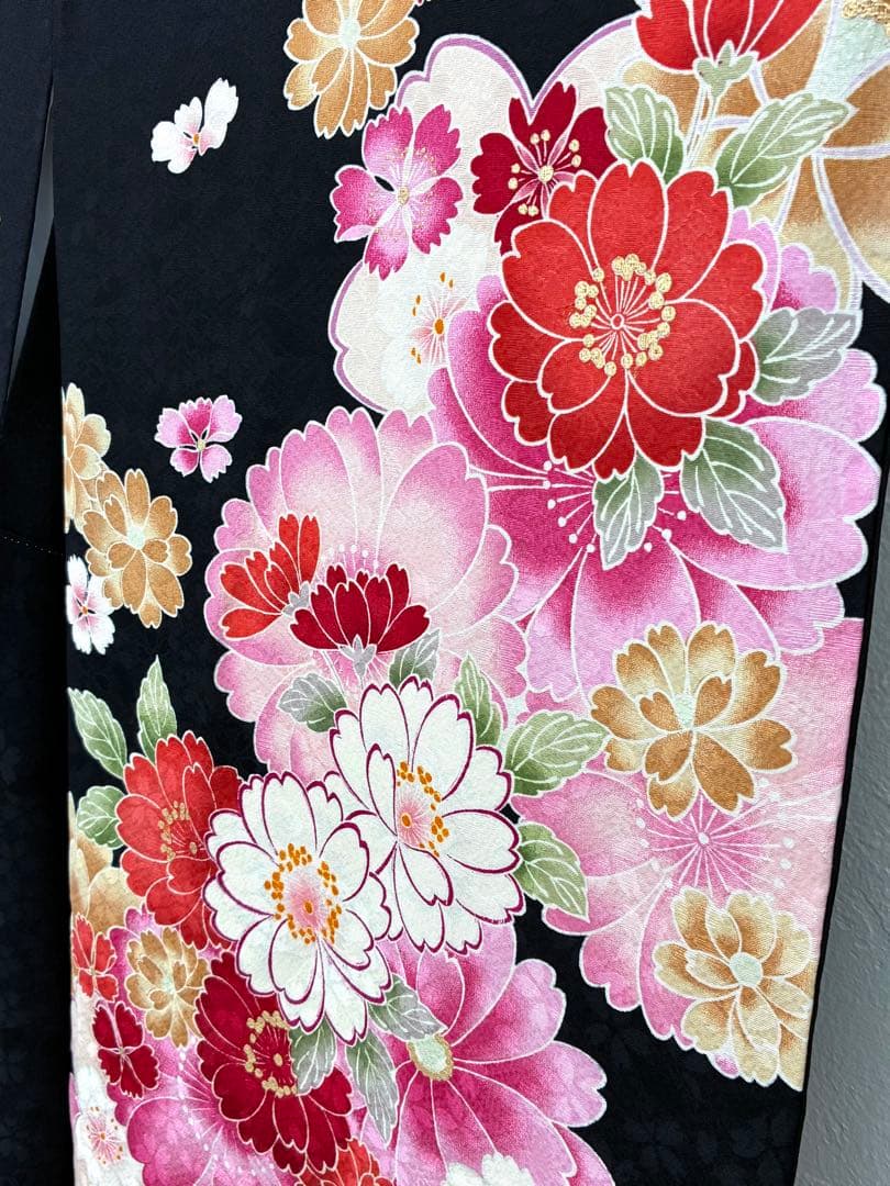 成人式　振袖フルセット　1131　正絹振袖　黒　花柄　格安！