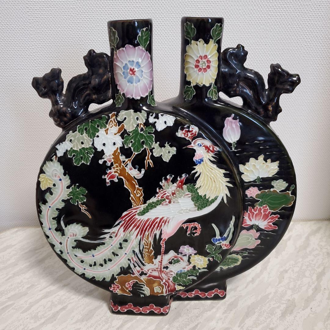 黒地陽刻花鳥文二口偏壺 大清雍正年製 740