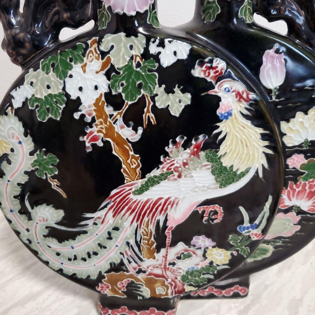 黒地陽刻花鳥文二口偏壺 大清雍正年製 740