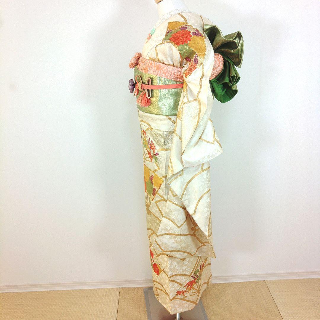 格安！　振袖フルセット　9点　成人式　結婚式　前撮り　白　ホワイト　袋帯　黄緑