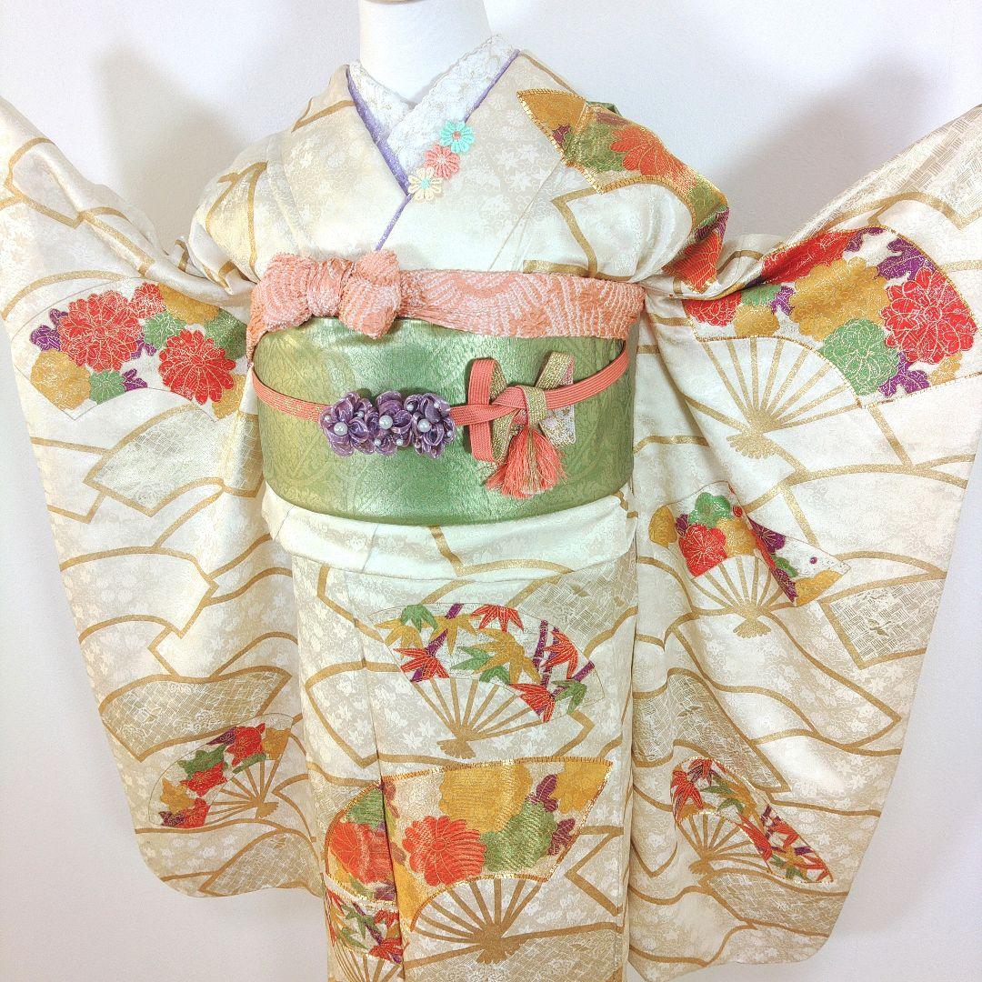 格安！　振袖フルセット　9点　成人式　結婚式　前撮り　白　ホワイト　袋帯　黄緑