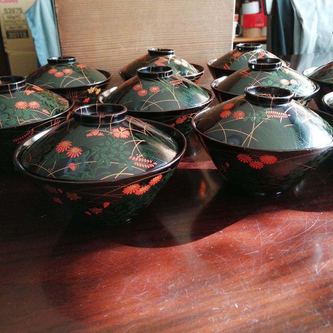 木製漆器　長寛好末広形吸物椀　10客　12cm　明治～大正期