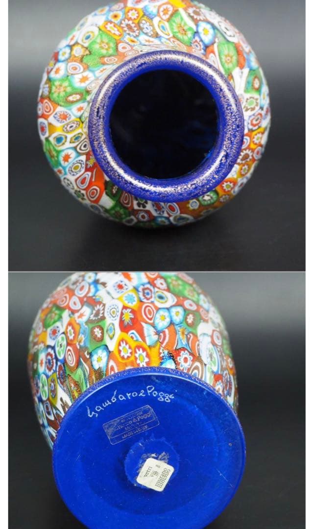 送料無料　イタリアムラーノガラス花瓶　作家在銘　完品無傷木箱付