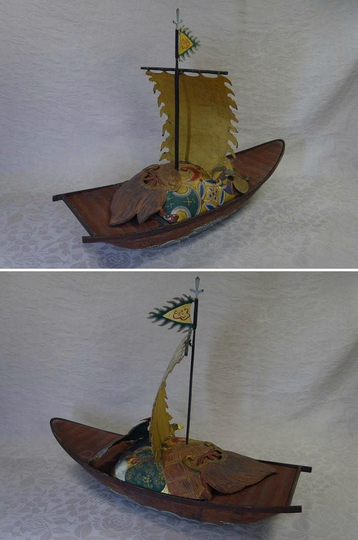 金工細工　宝舟　縁起物尽くし　45cm 迎春　笠・小判・宝珠・巻物・宝袋など