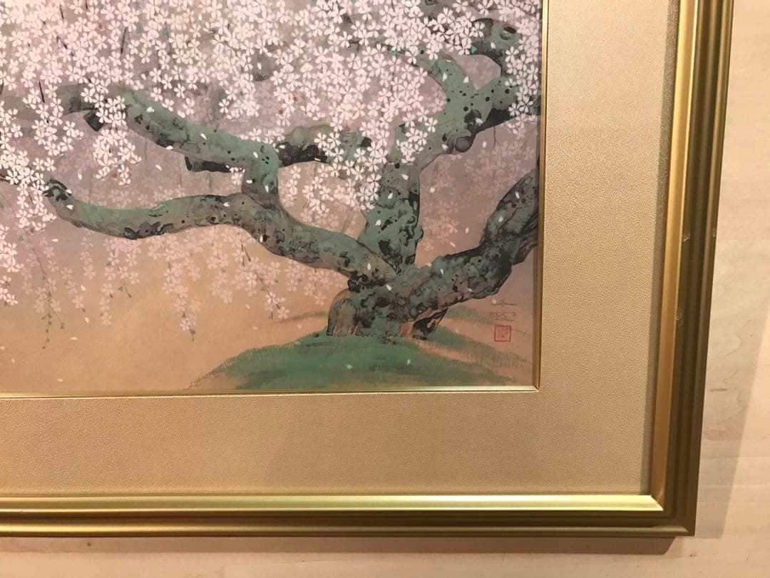 中島千波　「夢殿の枝垂櫻」　岩絵具方式複製画　刷り込みサイン・作品証明シール有り