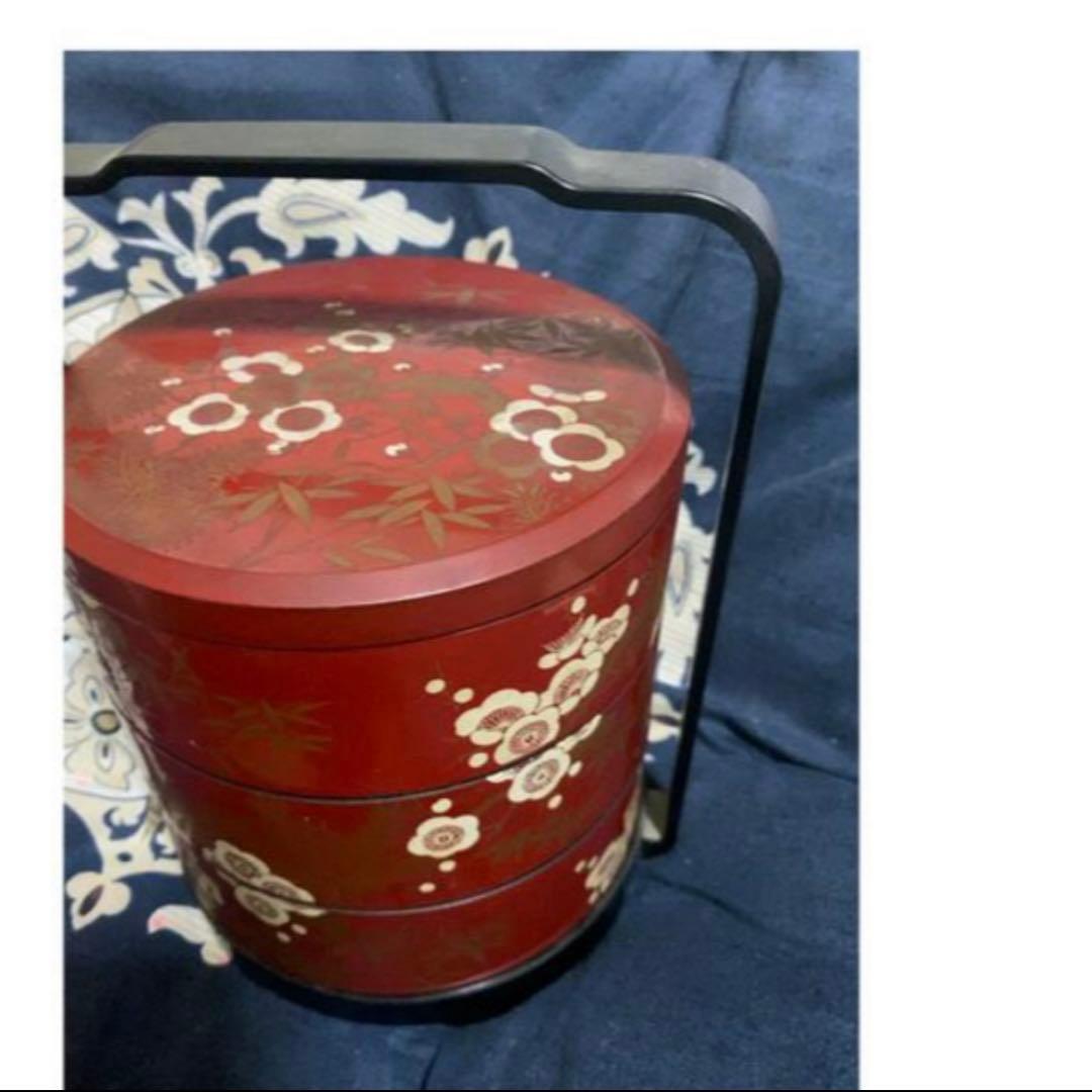 １点物希少アンティーク輪島塗明斎牧野義昭作 3段重箱 重箱盆松竹梅短冊図 金蒔絵