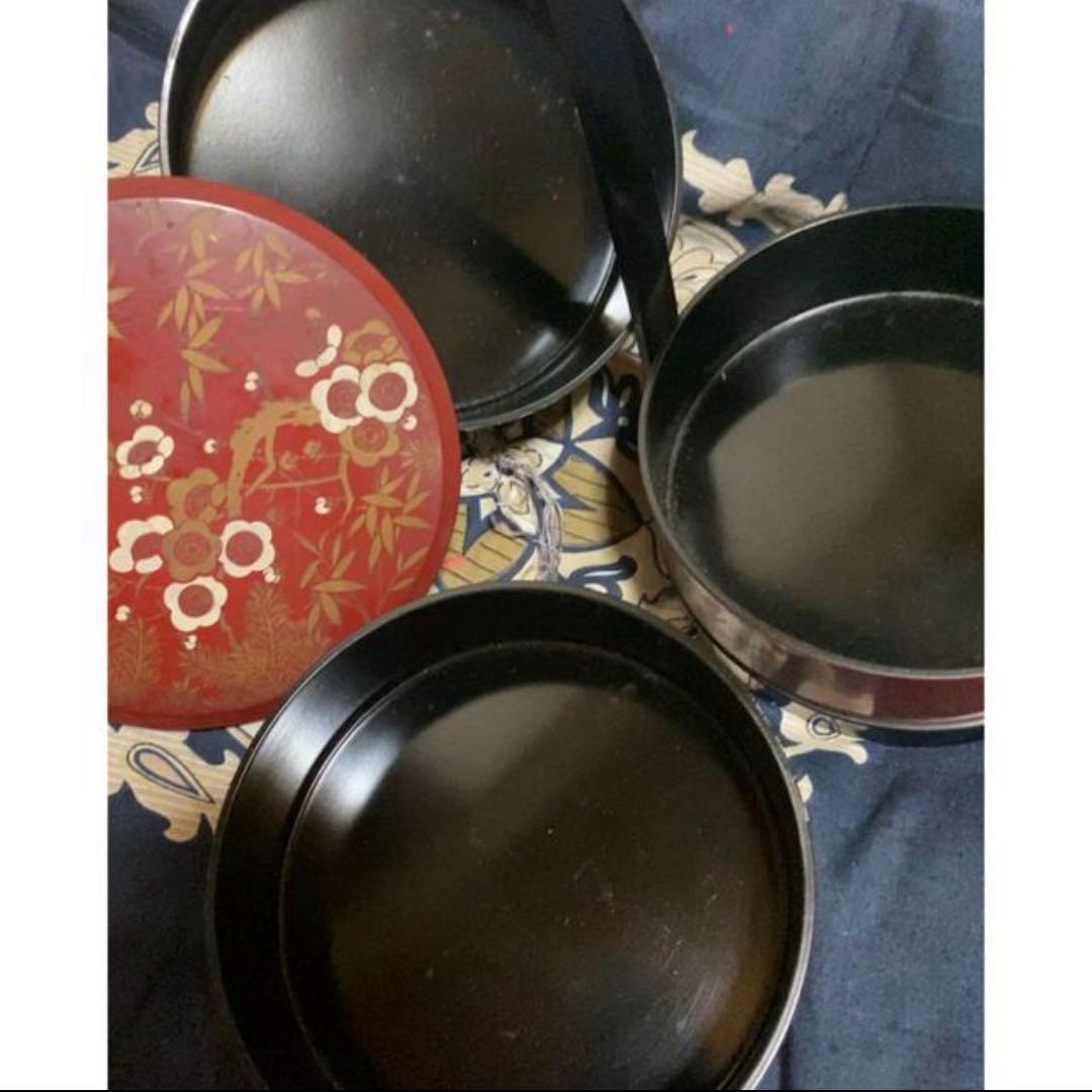 １点物希少アンティーク輪島塗明斎牧野義昭作 3段重箱 重箱盆松竹梅短冊図 金蒔絵