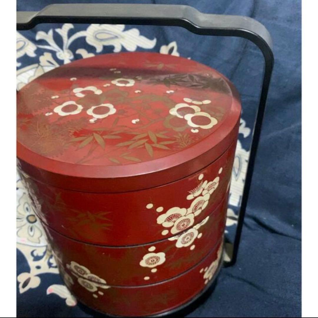 １点物希少アンティーク輪島塗明斎牧野義昭作 3段重箱 重箱盆松竹梅短冊図 金蒔絵