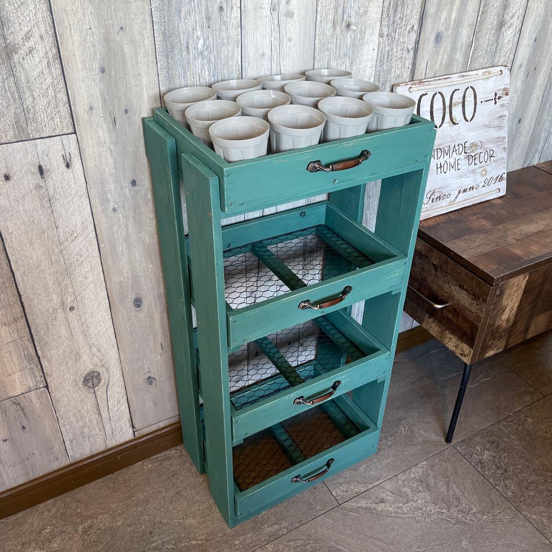 水色　4段　引き出し　ウッドシェルフ　ハンドメイド　家具