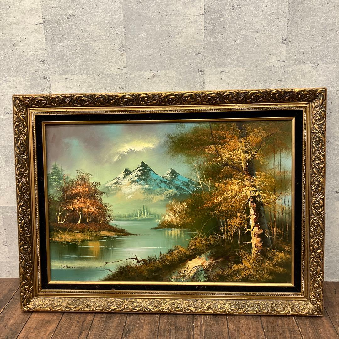 アンティーク 山水 紅葉 油彩画 油絵 風景画 金縁 絵画 オブジェ アート