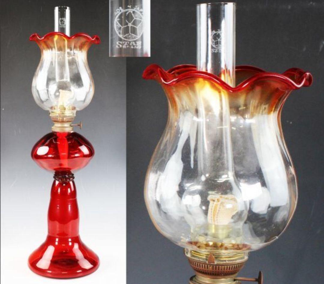 旧家収蔵 大正期 赤フリル ランプ 特殊バーナー構造