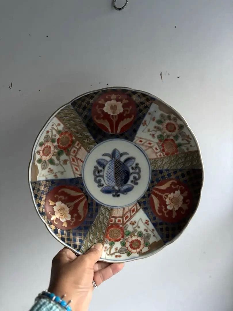 698 骨董 アンティーク 古伊万里 色絵金彩柘榴紋様9寸平皿 幕末